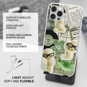 Puede incluir: Funda de tel&eacute;fono transparente con un dise&ntilde;o de cuadros verdes, pegatinas y texto. La funda presenta un dise&ntilde;o con un disco, flores y personajes de dibujos animados con gafas. El texto de la funda dice "Supports Wireless Charging", "Light Weight Soft and Flexible".
