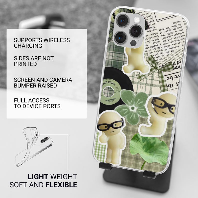 Puede incluir: Funda de tel&eacute;fono transparente con un dise&ntilde;o de cuadros verdes, pegatinas y texto. La funda presenta un dise&ntilde;o con un disco, flores y personajes de dibujos animados con gafas. El texto de la funda dice "Supports Wireless Charging", "Light Weight Soft and Flexible".