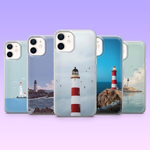 May include: A collection of five phone cases featuring lighthouse designs. The cases showcase various lighthouses with different color schemes and settings, including coastal scenes with blue skies and rocky shores.