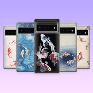 May include: A collection of phone cases featuring koi fish designs. The cases display various artistic styles, including watercolor and graphic illustrations. The color palette includes white, red, blue, and black, with each case showcasing a unique koi fish composition.