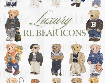 Luxury Bear Clipart PNG Bundle - Retro Fashion Bear Icon, SVG Digital Download, Transparent Background, Preppy Designs for DIY Apparel