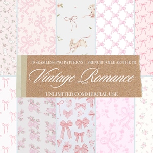 May include: Ten seamless PNG patterns with a French toile aesthetic. The patterns feature pink bows, floral designs, and bunny illustrations on a light background. The text "Vintage Romance" is displayed on a brown background.