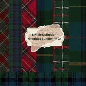 Puede incluir: Imagen que muestra ocho gráficos de cuadros de alta definición en tonos rojos, verdes y azules. La imagen presenta una variedad de patrones de tartán, con una etiqueta de papel rasgado que dice "8 High-Definition Graphics Bundle (PNG)".