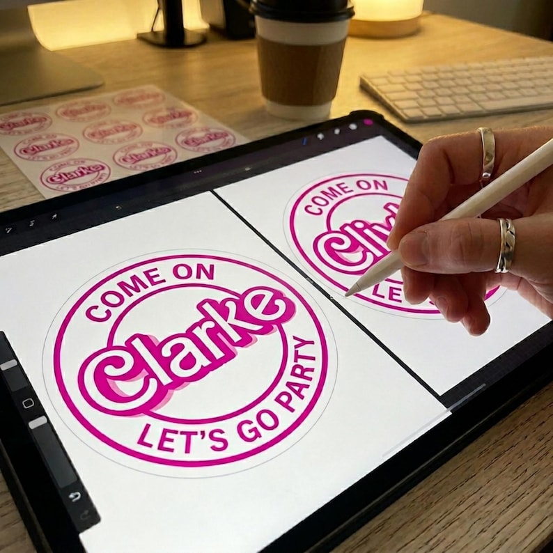 May include: A digital tablet displays a design for a sticker with the text "COME ON Clarke LET'S GO PARTY" in a pink and white circular design. A sheet of printed stickers and a coffee cup are in the background.
