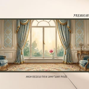 May include: Watercolor painting of a luxurious room with a large window, blue curtains, and ornate furniture. A vase with a pink flower sits on the windowsill. The image is labeled "Premium Frame TV Art."