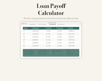 Loan Payoff Calculator Spreadsheet, Amortization Schedule, Excel Google Sheets (Digital Download)