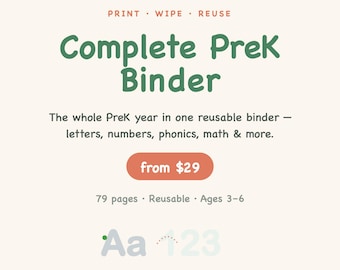 Complete PreK Learning Binder | 79 Page Printable Busy Book Bundle | Trace Erase Alphabet Numbers Phonics Math | Homeschool | Ages 3-6