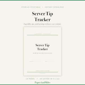 Server Tip Tracker, Daily Shift Income Log (PDF Download)