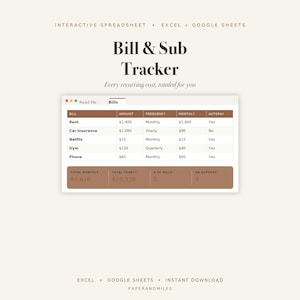 Bill Tracker Spreadsheet, Subscription Organizer, Recurring Expense Tracker (Digital Download) image 1