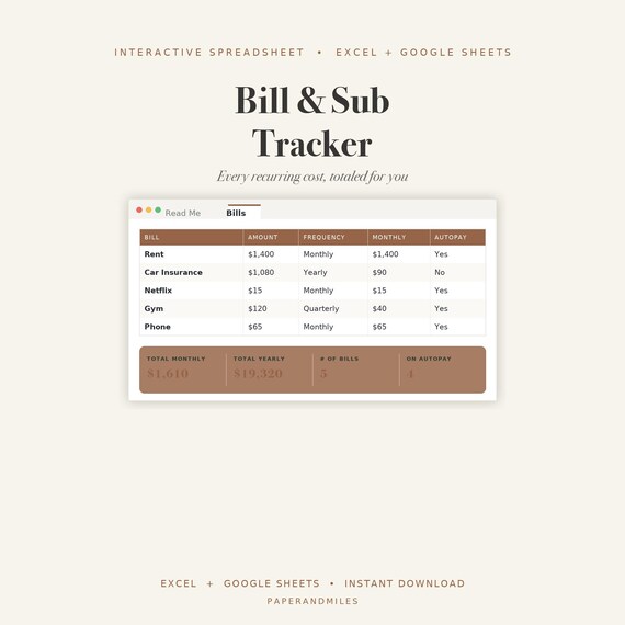 Bill Tracker Spreadsheet, Subscription Organizer, Recurring Expense Tracker (Digital Download)