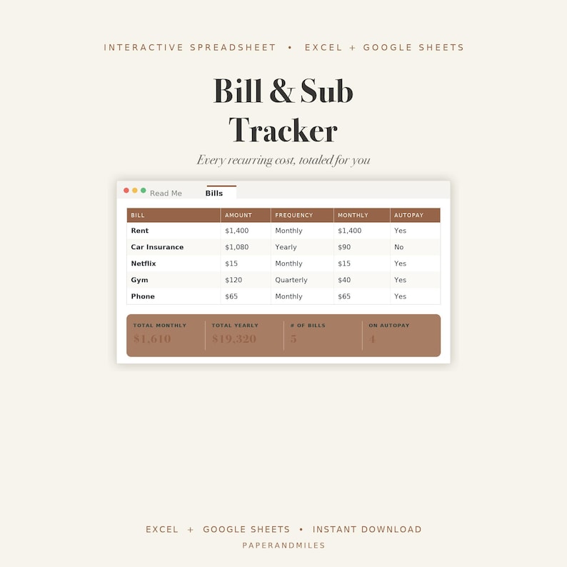 Bill Tracker Spreadsheet, Subscription Organizer, Recurring Expense Tracker (Digital Download) image 1