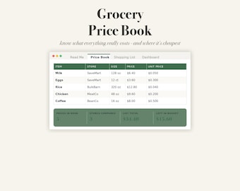 Grocery Price Book Spreadsheet, Price Tracker with Shopping List, for Excel and Google Sheets