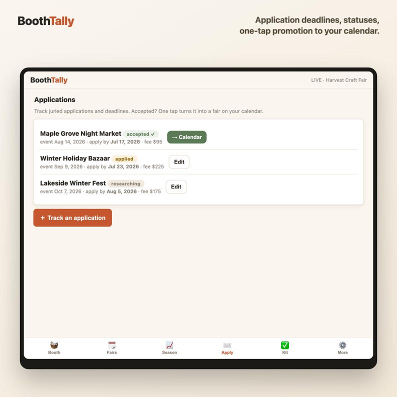 Application tracker with fair deadlines, statuses, and one-tap calendar promotion