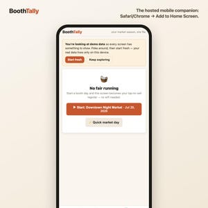 Hosted BoothTally mobile companion open on a phone, ready to add to the Home Screen
