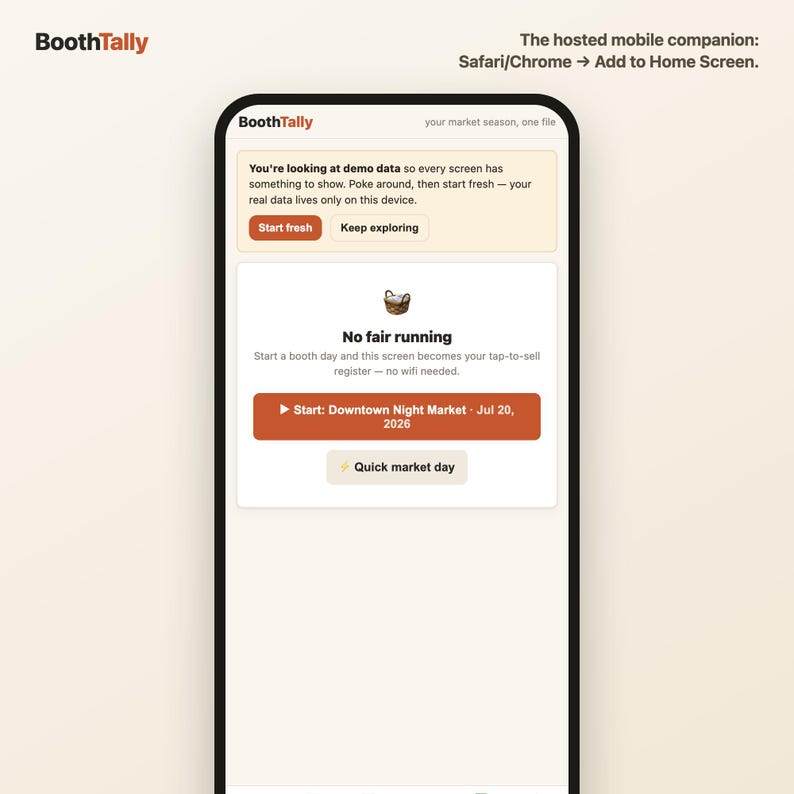 Hosted BoothTally mobile companion open on a phone, ready to add to the Home Screen