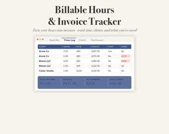 Tracker voor factureerbare uren, urenregistratie voor freelancers en factuurspreadsheet voor Excel en Google Sheets