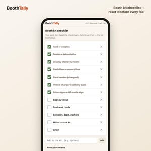 Reusable booth kit packing checklist with checkboxes