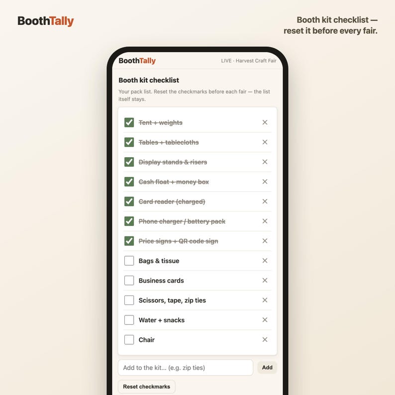 Reusable booth kit packing checklist with checkboxes