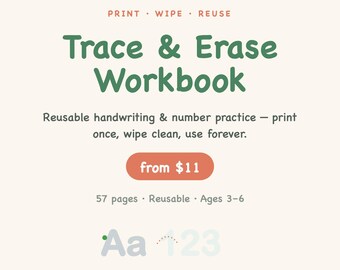 Trace & Erase PreK Workbook | Reusable Dry Erase Busy Book | Letter Number Tracing Printable | Homeschool Montessori Preschool | Ages 3-6