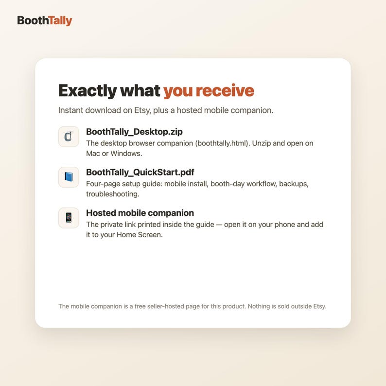 What you receive: desktop ZIP, QuickStart PDF guide, and the hosted mobile companion link