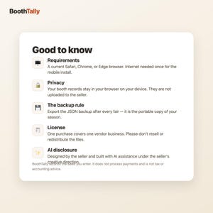 Requirements, privacy, backup rule, license, and AI disclosure summary
