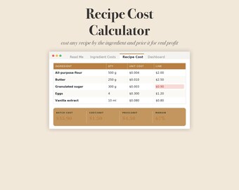 Recipe Cost Calculator Spreadsheet, Food Cost and Pricing Tool for Bakers, Excel Google Sheets