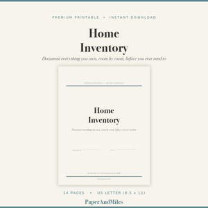 May include: A printable home inventory document featuring the text Home Inventory and Document everything you own, room by room, before you ever need to. The document includes fields for prepared by and date, measuring 21.59 by 27.94 cm in size.