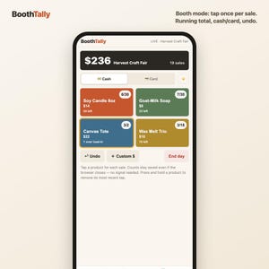 Booth mode on a phone: tap once per sale with cash or card label and a running total