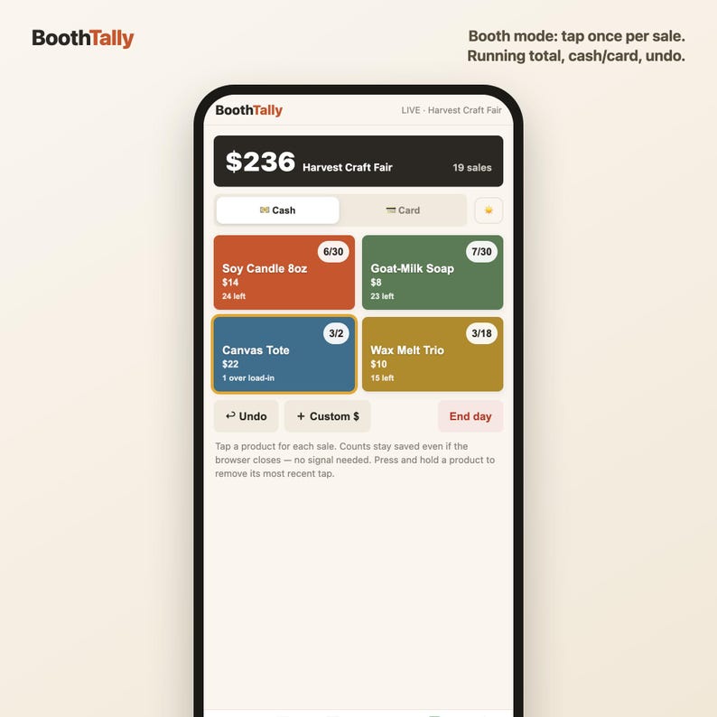 Booth mode on a phone: tap once per sale with cash or card label and a running total