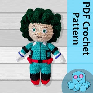 May include: A handmade crochet doll in a teal jumpsuit with black and red accents. The doll has green hair and a tan face with green eyes. The image includes the text "PDF Crochet Pattern" and a blue octopus illustration.