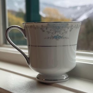 May include: White teacup with a silver rim and handle. The cup features a delicate floral and scroll design in light blue and gray. The cup is sitting on a white surface.