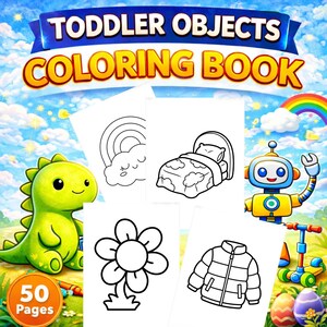 幼児向けぬり絵：50種類のシンプルなオブジェクト、就学前学習アクティビティ（PDFダウンロード）