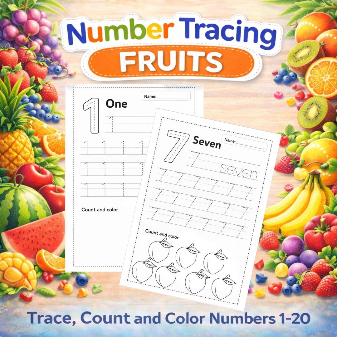 Number Tracing Fruits Worksheets 1-20, Preschool Math Activity (digital ...