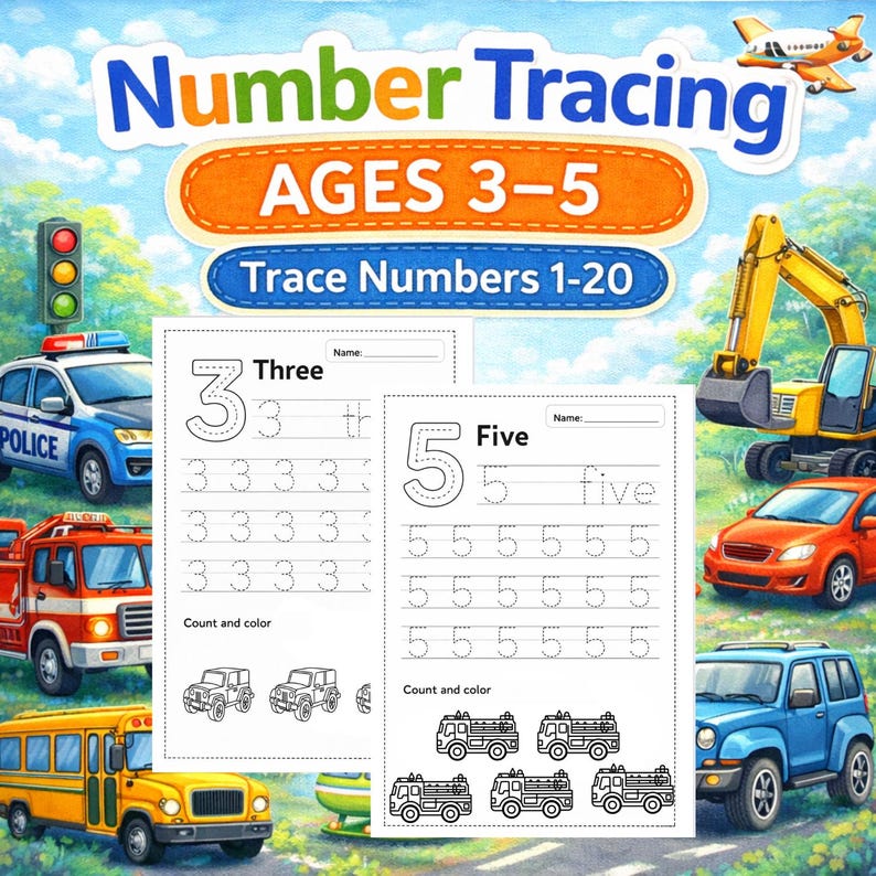 Number Tracing Vehicles Worksheets 1-20, Preschool Math Activity ...