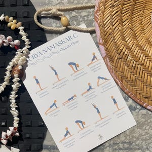 Op de afbeelding: Een witte kaart met yogahoudingen, getiteld "Surya Namaskar C Ocean Flow", wordt weergegeven. De kaart toont illustraties van yogaposities. Een geweven strohoed met een roze rand en een schelpenketting zijn ook zichtbaar.