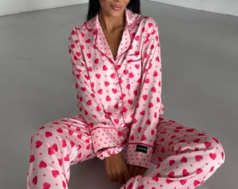 Pink Polka Heart Satin Pajama Set for Women – Valentines Day Sleepwear Gift