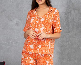 Viscose Women’s Short Pajama Set – Button-Up Shirt & Shorts, Lightweight Summer Sleepwear
