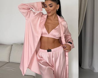 Pink Satin Pajama Set – 3 Piece Loungewear