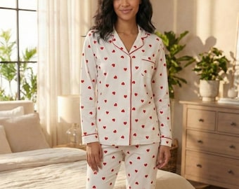 Heart Print Women’s Pajama Set – Cotton Blend Sleepwear