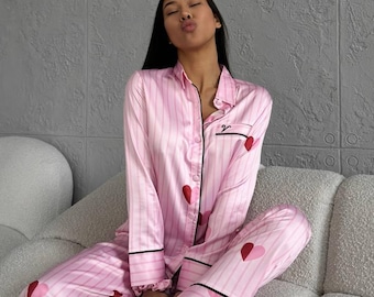 Pink Heart Satin Pajama Set for Women with Matching Scrunchie