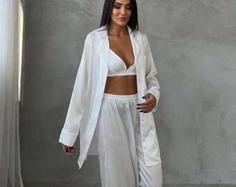 White Satin 3 Piece Lounge Set for Women, Long Pajama Set