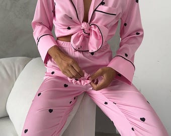 Pink Heart Satin Pajama Set Women Long Sleeve Romantic PJs