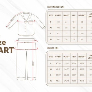May include: A pajama size chart with measurements in inches and centimeters. The chart includes chest, waist, hip, height, and arm length measurements for sizes S, M, L, and XL. The chart is for a pajama set.