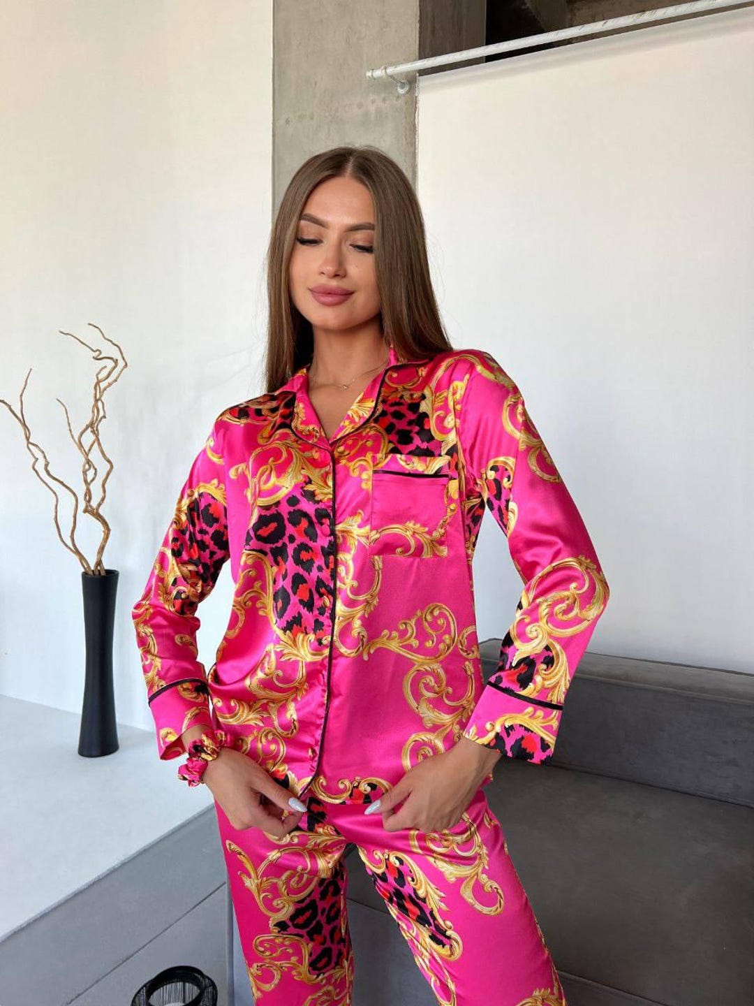 Pink Baroque Satin Pajama Set – Luxury Long Sleeve Sleepwear for Women ...