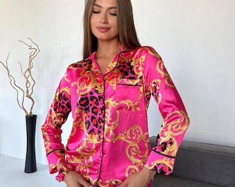 Pink Baroque Satin Pajama Set – Luxury Long Sleeve Sleepwear for Women, Soft Silky PJs