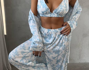 Blue Toile Silk Satin Pajama Set | 4-Piece Sleepwear