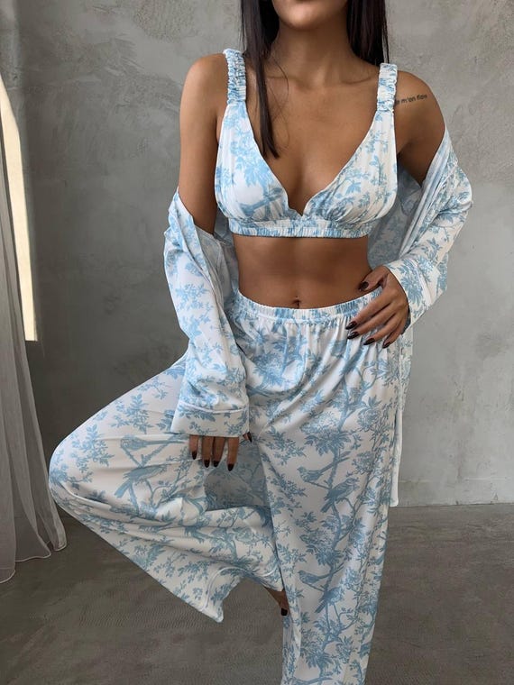 Blue Toile Silk Satin Pajama Set | 4-Piece Sleepwear