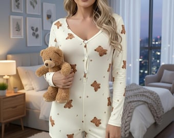 Teddy Bear Romper Onesie | Women’s Long Sleeve Pajama Jumpsuit