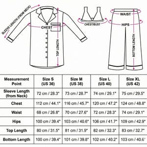 May include: Diagram of a pajama set with measurements in inches and centimeters. The set includes a button-down shirt, a pair of pants, and a bra. Measurements are provided for sleeve length, chest, waist, hips, top length, and bottom length for sizes S, M, L, and XL.