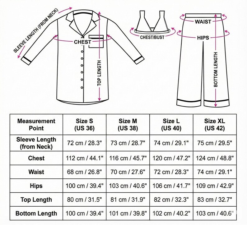 May include: Diagram of a pajama set with measurements in inches and centimeters. The set includes a button-down shirt, a pair of pants, and a bra. Measurements are provided for sleeve length, chest, waist, hips, top length, and bottom length for sizes S, M, L, and XL.